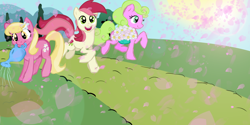 Size: 3000x1500 | Tagged: safe, artist:starfox365, imported from derpibooru, daisy, flower wishes, lily, lily valley, roseluck, female, flower, flower trio, mouth hold, trio, trio female, watering can