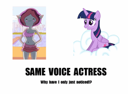 Size: 876x641 | Tagged: safe, imported from derpibooru, twilight sparkle, alicorn, pony, bravest warriors, exploitable meme, female, mare, meme, plum, same voice actor, tara strong, twilight sparkle (alicorn)