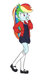 Size: 665x960 | Tagged: safe, artist:carnifex, imported from derpibooru, rainbow dash, equestria girls, barrette, cardigan, clothes, female, mary janes, necktie, rainbow dash always dresses in style, school uniform, schoolgirl, socks, solo, sweater vest