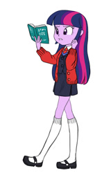 Size: 652x1020 | Tagged: safe, artist:carnifex, imported from derpibooru, twilight sparkle, equestria girls, book, cardigan, clothes, female, frown, kneesocks, mary janes, miniskirt, necktie, reading, school uniform, schoolgirl, skirt, socks, solo, sweater vest, vest