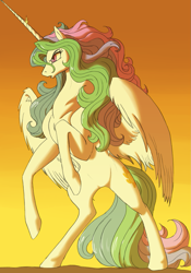 Size: 911x1300 | Tagged: safe, artist:goat train, artist:leovictor, artist:php131, color edit, imported from derpibooru, princess celestia, alicorn, pony, collaboration, female, glare, mare, messy mane, open mouth, rearing, serious face, solo, spread wings