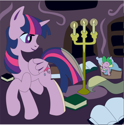 Size: 1803x1813 | Tagged: safe, artist:the-paper-pony, imported from derpibooru, spike, twilight sparkle, alicorn, pony, book, female, library, looking back, mare, raised hoof, sleeping, smiling, twilight sparkle (alicorn)