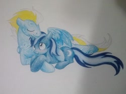 Size: 600x450 | Tagged: artist needed, safe, imported from derpibooru, oc, oc only, oc:azure depths, oc:cold front, pony, blushing, cuddling, cute, drawing, male, photo, shipping, snuggling, stallion, traditional art