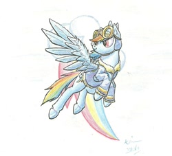 Size: 938x852 | Tagged: safe, artist:theandymac, imported from derpibooru, rainbow dash, clothes, female, goggles, leather jacket, solo, traditional art, wonderbolts