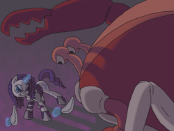 Size: 1024x768 | Tagged: safe, artist:crispokefan, imported from derpibooru, rarity, oc, oc:tom the crab, giant crab, god of war, kratos, rarity fighting a giant crab, sword