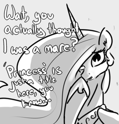 Size: 1131x1185 | Tagged: safe, artist:nobody, imported from derpibooru, princess celestia, alicorn, looking at you, male, monochrome, prince solaris, rule 63, simple background, solo, stallion, trap, traplestia