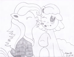 Size: 3304x2552 | Tagged: safe, artist:mc-ryan, imported from derpibooru, oc, oc only, oc:cherry gourmet, oc:jaide, cherry pony, food, licking, monochrome, ring pony
