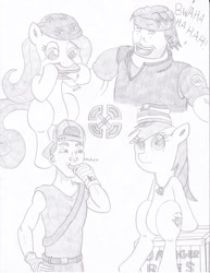 Size: 2552x3312 | Tagged: safe, artist:mc-ryan, imported from derpibooru, fluttershy, rainbow dash, backwards ballcap, hat, heavy, heavy duty rag, hot dogger, laughing, monochrome, one-man army, sandvich, scout, team fortress 2