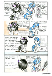 Size: 1011x1480 | Tagged: safe, artist:pandan009, imported from derpibooru, dj pon-3, octavia melody, vinyl scratch, earth pony, pony, unicorn, alternate hairstyle, apron, bipedal, bowtie, character parody, cigarette, clothes, comic, dressing, female, frying pan, g clef, lesbian, personality swap, role reversal, scratchtavia, shipping, smoking, traditional art, vinyl class, vulgar