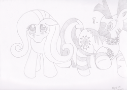 Size: 1317x941 | Tagged: safe, artist:mc-ryan, imported from derpibooru, fluttershy, zecora, pegasus, pony, zebra, crying, monochrome, sad