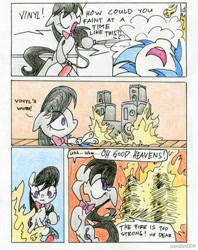 Size: 778x980 | Tagged: safe, artist:pandan009, imported from derpibooru, dj pon-3, octavia melody, vinyl scratch, comic, fire, my little pony in the sims, scene parody, the ponies, the sims, too dumb to live, traditional art, wub, youtube