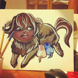 Size: 500x500 | Tagged: safe, artist:fwufee, imported from derpibooru, fluffy pony, pony, acrylic painting, breastfeeding, crotchboobs, derp, fluffy pony foals, fluffy pony mother, horses doing horse things, nonsexual nursing, nudity, nursing, suckling, traditional art