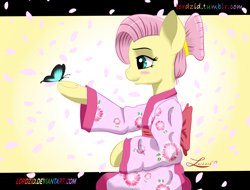 Size: 2500x1900 | Tagged: safe, artist:lordzid, imported from derpibooru, fluttershy, butterfly, alternate hairstyle, cherry blossoms, female, kimono (clothing), solo