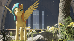 Size: 1920x1080 | Tagged: safe, artist:raynaron, imported from derpibooru, oc, oc only, oc:golden gates, 3d, babscon, babscon mascots, convention, flower, solo, unreal engine, youtube