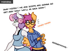 Size: 1280x907 | Tagged: safe, artist:somescrub, imported from derpibooru, scootaloo, sweetie belle, anthro, ask nudist sweetie belle, glasses, older