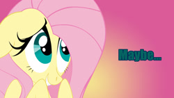 Size: 1920x1080 | Tagged: safe, artist:grievousfan, imported from derpibooru, fluttershy, pegasus, pony, bust, female, floppy ears, gradient background, grin, mare, maybe, nervous, nervous grin, portrait, reaction image, shy smile, smiling, solo