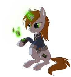 Size: 679x730 | Tagged: safe, artist:hioshiru, imported from derpibooru, oc, oc only, oc:littlepip, pony, unicorn, fallout equestria, bottomless, clothes, drugs, fallout, fanfic, fanfic art, female, glowing horn, hooves, horn, jumpsuit, levitation, magic, mare, mint-als, partial nudity, party time mintals, pipbuck, simple background, sitting, smiling, solo, teeth, telekinesis, transparent background, vault suit