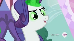 Size: 1453x814 | Tagged: safe, imported from derpibooru, screencap, rarity, inspiration manifestation, corrupted, female, green magic, hub logo, inspirarity, magic, possessed, solo