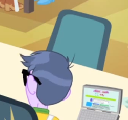 Size: 337x316 | Tagged: safe, imported from derpibooru, screencap, applejack, microchips, pinkie pie, equestria girls, pinkie on the one, rainbow rocks, 4chan, background human, cafeteria, chair, computer, cropped, female, glasses, it begins, it's happening, laptop computer, reference, sitting, solo, table, they know