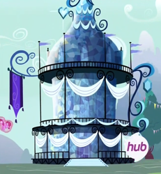 Size: 660x713 | Tagged: safe, imported from derpibooru, screencap, berry punch, berryshine, inspiration manifestation, building, cropped, hub logo, magic, ponyville town hall, telekinesis, town hall