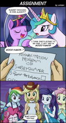 Size: 800x1480 | Tagged: safe, artist:uotapo, imported from derpibooru, applejack, fluttershy, pinkie pie, princess celestia, rainbow dash, rarity, sunset shimmer, twilight sparkle, alicorn, human, pony, equestria girls, equestria girls (movie), bad handwriting, checklist, comic, element of magic, fall formal outfits, handwriting, look of disapproval, meme, ponied up, scene parody, sleeveless, special eyes, strapless, sweat, sweatdrop, twilight sparkle (alicorn)