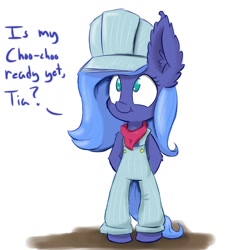 Size: 1100x1200 | Tagged: safe, artist:heir-of-rick, imported from derpibooru, princess luna, pony, semi-anthro, bipedal, clothes, dialogue, female, filly, impossibly large ears, overalls, solo, train conductor, woona
