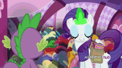 Size: 576x324 | Tagged: safe, imported from derpibooru, screencap, rarity, spike, inspiration manifestation, animated, clothes, corrupted, hub logo, hubble, inspirarity, magic, possessed, the hub