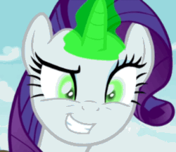 Size: 325x279 | Tagged: safe, imported from derpibooru, screencap, rarity, inspiration manifestation, animated, corrupted, evil laugh, female, inspirarity, magic, possessed, slasher smile, solo