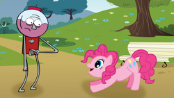 Size: 1024x576 | Tagged: safe, artist:videogamehunter, imported from derpibooru, pinkie pie, benson, crossover, excited, gumball machine, park, ponyville park, regular show