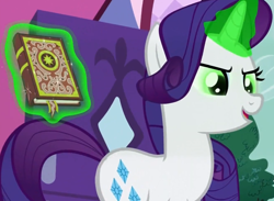 Size: 942x690 | Tagged: safe, imported from derpibooru, screencap, rarity, pony, unicorn, inspiration manifestation, book, corrupted, cropped, female, glowing horn, inspirarity, inspiration manifestation book, magic, magic aura, mare, possessed, solo, telekinesis