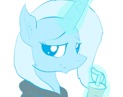 Size: 1066x839 | Tagged: safe, artist:dazed-and-wandering, imported from derpibooru, trixie, pony, unicorn, clothes, drink, female, hoodie, mare, smirk, solo