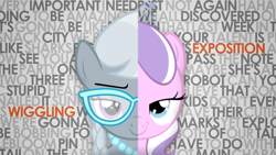 Size: 1920x1080 | Tagged: safe, artist:x3demonomega, imported from derpibooru, diamond tiara, silver spoon, earth pony, pony, friendship is witchcraft, cute from the hip, duality, female, filly, foal, glasses, looking at you, plot, smiling, text, typography, wallpaper