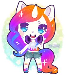 Size: 390x440 | Tagged: safe, artist:miss-glitter, imported from derpibooru, oc, oc only, oc:vivid visions, anthro, unicorn, ambiguous facial structure, anthro oc, bright, chibi, female, mare, neon, solo, sparkles