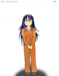 Size: 1400x1800 | Tagged: safe, artist:yichiau, imported from derpibooru, twilight sparkle, human, clothes, cuffs, female, humanized, prison outfit, prisoner, prisoner ts, solo