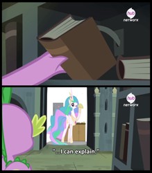 Size: 1314x1499 | Tagged: safe, artist:jittery-the-dragon, imported from derpibooru, princess celestia, spike, inspiration manifestation, season 4, book, hub logo, hub network, i can explain, kitchen, meme, secret door, taco