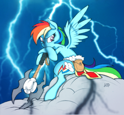 Size: 1613x1500 | Tagged: safe, artist:dfectivedvice, artist:thepolymath, imported from derpibooru, rainbow dash, axe, bag, battle axe, cloud, cloudy, colored, fantasy class, female, lightning, sitting, solo, warrior, weapon
