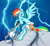 Size: 1613x1500 | Tagged: safe, artist:dfectivedvice, artist:thepolymath, imported from derpibooru, rainbow dash, axe, bag, battle axe, cloud, cloudy, colored, fantasy class, female, lightning, sitting, solo, warrior, weapon