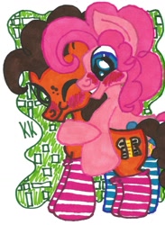 Size: 1074x1464 | Tagged: safe, artist:krazykari, imported from derpibooru, cheese sandwich, pinkie pie, clothes, rule 63, shipping, socks, striped socks, traditional art