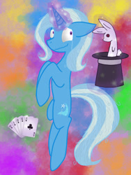 Size: 768x1024 | Tagged: safe, artist:prof-zoro, imported from derpibooru, trixie, pony, rabbit, unicorn, abstract background, bunny out of the hat, card, crying, female, glowing horn, hat, magic, magic trick, mare, solo, telekinesis, top hat