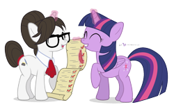 Size: 1170x720 | Tagged: safe, artist:dm29, imported from derpibooru, raven, twilight sparkle, alicorn, pony, checklist, duo, female, glasses, magic, mare, quill, simple background, transparent background, twilight sparkle (alicorn)