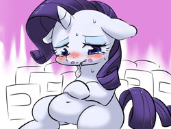 Size: 1024x768 | Tagged: safe, artist:yajima, imported from derpibooru, rarity, inspiration manifestation, belly button, chubby, comfort eating, eating, female, ice cream, marshmelodrama, pixiv, solo, weight gain