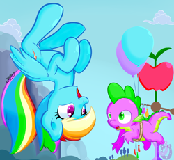 Size: 1180x1087 | Tagged: safe, artist:shadowhulk, imported from derpibooru, rainbow dash, spike, dragon, pegasus, balloon, female, flying, male, rainbowspike, shipping, straight, upside down, weather vane