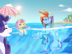 Size: 1329x1000 | Tagged: dead source, safe, artist:naminzo, imported from derpibooru, fluttershy, rainbow dash, rarity, crab, pegasus, pony, unicorn, animal, beach, bubble, eyes closed, feather, female, floppy ears, laughing, mare, ocean, open mouth, palm tree, profile, rainbow dash is not amused, smiling, spread wings, swimming, tree, trio, unamused, underwater, water, wet mane, wings