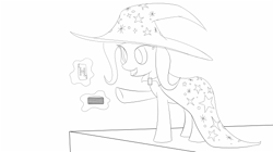 Size: 600x337 | Tagged: safe, artist:dormantflame, imported from derpibooru, trixie, pony, unicorn, card, female, mare, monochrome, solo, wip