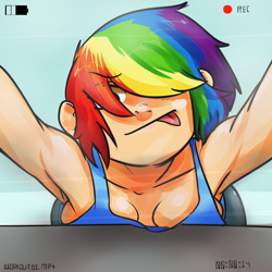 Size: 1200x1200 | Tagged: safe, artist:mimicpony, deleted from derpibooru, imported from derpibooru, rainbow dash, human, armpits, camera, cleavage, clothes, female, humanized, messy hair, recording, solo, tanktop, tongue out