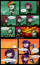 Size: 1024x1639 | Tagged: safe, artist:fj-c, imported from derpibooru, pinkie pie, rainbow dash, rarity, twilight sparkle, fairy, equestria girls, belly button, clothes, comic, dialogue, fantasy equestria, humanized, midriff, pony coloring, skirt, spanish, sword