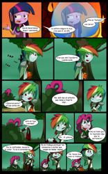 Size: 1024x1638 | Tagged: safe, artist:fj-c, imported from derpibooru, pinkie pie, rainbow dash, twilight sparkle, equestria girls, comic, dialogue, fantasy equestria, humanized, pony coloring, spanish