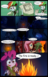 Size: 1024x1638 | Tagged: safe, artist:fj-c, imported from derpibooru, fluttershy, pinkie pie, rainbow dash, human, comic, dialogue, fantasy equestria, fire, humanized, pony coloring