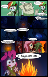 Size: 1024x1638 | Tagged: safe, artist:fj-c, imported from derpibooru, fluttershy, pinkie pie, rainbow dash, human, comic, dialogue, fantasy equestria, fire, humanized, pony coloring, spanish