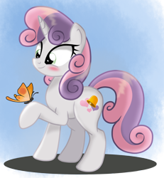 Size: 1276x1383 | Tagged: safe, artist:ruhisu, imported from derpibooru, sweetie belle, butterfly, pony, alternate universe, blushing, female, harmony-verse, older, smiling, solo